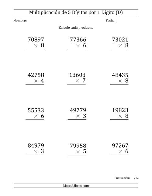La hoja de ejercicios de Multiplicar Números de 5 Dígitos por 1 Dígito (Formato Grande) (D)