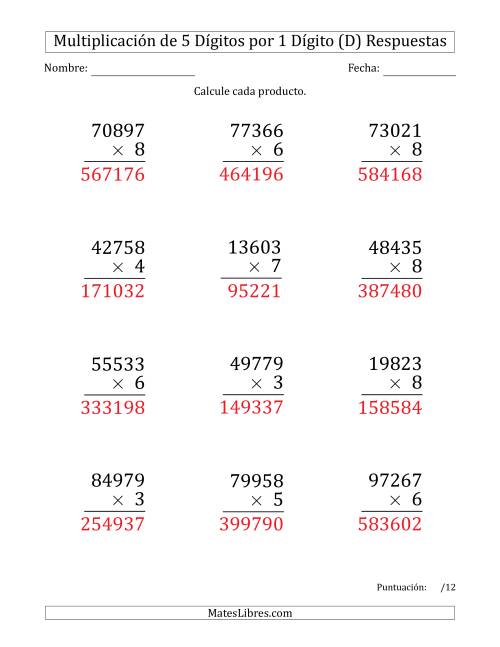 La hoja de ejercicios de Multiplicar Números de 5 Dígitos por 1 Dígito (Formato Grande) (D) Página 2