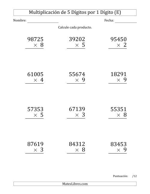 La hoja de ejercicios de Multiplicar Números de 5 Dígitos por 1 Dígito (Formato Grande) (E)
