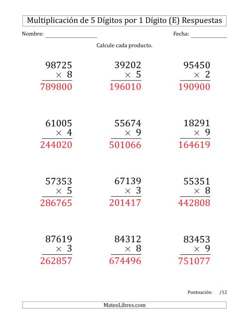 La hoja de ejercicios de Multiplicar Números de 5 Dígitos por 1 Dígito (Formato Grande) (E) Página 2