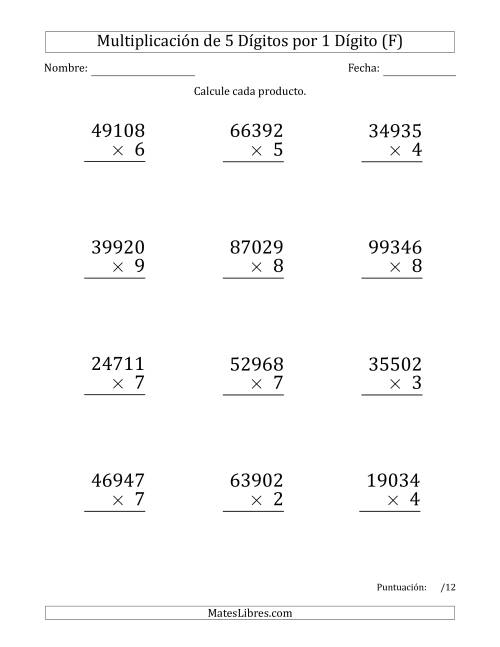La hoja de ejercicios de Multiplicar Números de 5 Dígitos por 1 Dígito (Formato Grande) (F)