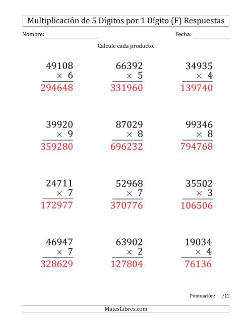 La hoja de ejercicios de Multiplicar Números de 5 Dígitos por 1 Dígito (Formato Grande) (F) Página 2
