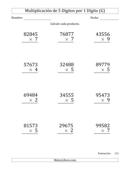 La hoja de ejercicios de Multiplicar Números de 5 Dígitos por 1 Dígito (Formato Grande) (G)