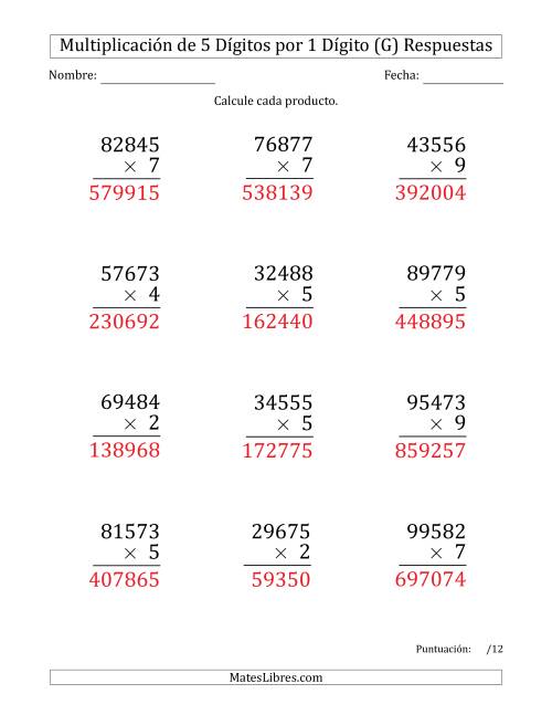La hoja de ejercicios de Multiplicar Números de 5 Dígitos por 1 Dígito (Formato Grande) (G) Página 2