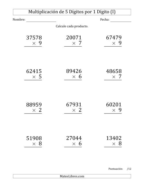 La hoja de ejercicios de Multiplicar Números de 5 Dígitos por 1 Dígito (Formato Grande) (I)
