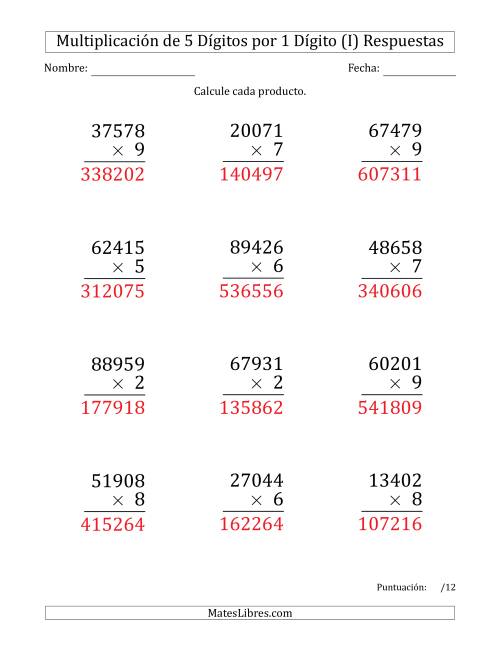 La hoja de ejercicios de Multiplicar Números de 5 Dígitos por 1 Dígito (Formato Grande) (I) Página 2