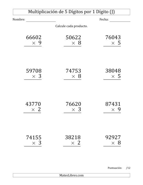 La hoja de ejercicios de Multiplicar Números de 5 Dígitos por 1 Dígito (Formato Grande) (J)