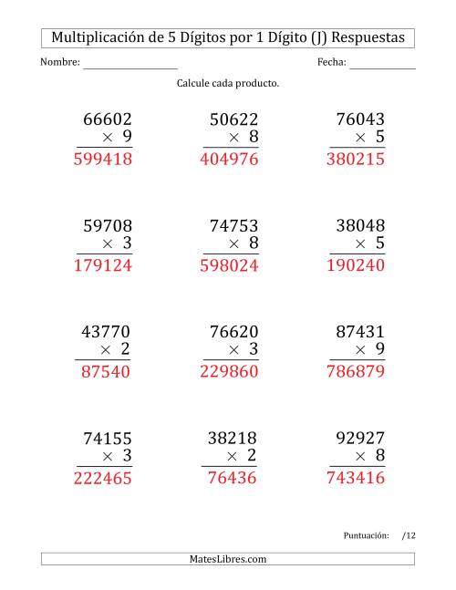 La hoja de ejercicios de Multiplicar Números de 5 Dígitos por 1 Dígito (Formato Grande) (J) Página 2