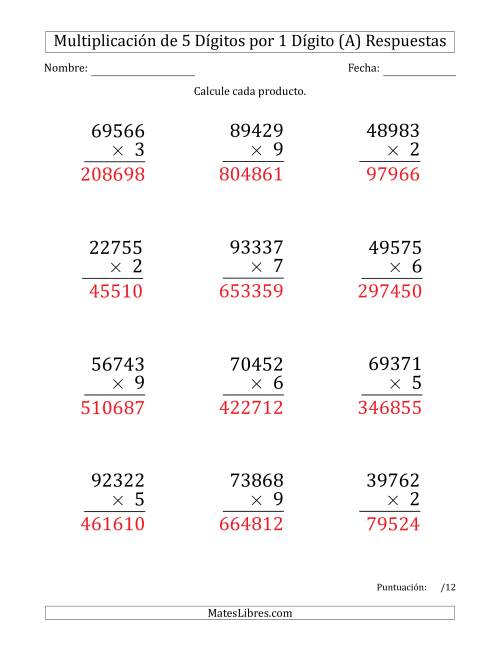 La hoja de ejercicios de Multiplicar Números de 5 Dígitos por 1 Dígito (Formato Grande) (Todas) Página 2