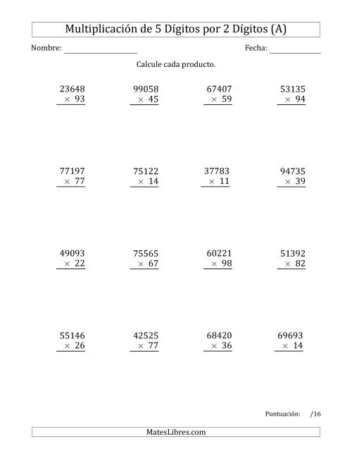 La hoja de ejercicios de Multiplicar Números de 5 Dígitos por 2 Dígitos (A)