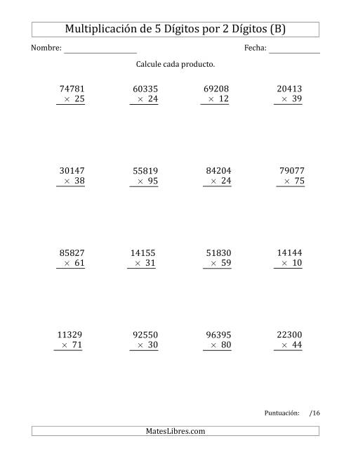 La hoja de ejercicios de Multiplicar Números de 5 Dígitos por 2 Dígitos (B)