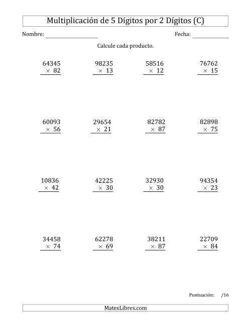 La hoja de ejercicios de Multiplicar Números de 5 Dígitos por 2 Dígitos (C)