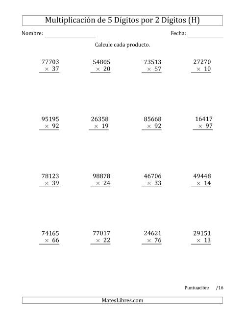 La hoja de ejercicios de Multiplicar Números de 5 Dígitos por 2 Dígitos (H)