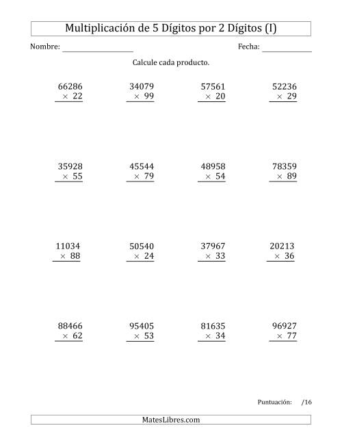 La hoja de ejercicios de Multiplicar Números de 5 Dígitos por 2 Dígitos (I)