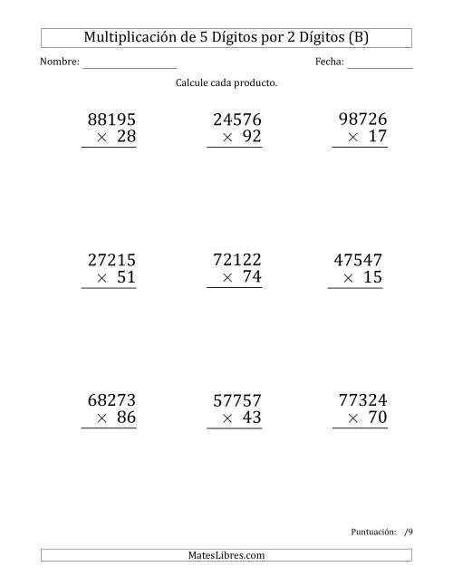 La hoja de ejercicios de Multiplicar Números de 5 Dígitos por 2 Dígitos (Formato Grande) (B)