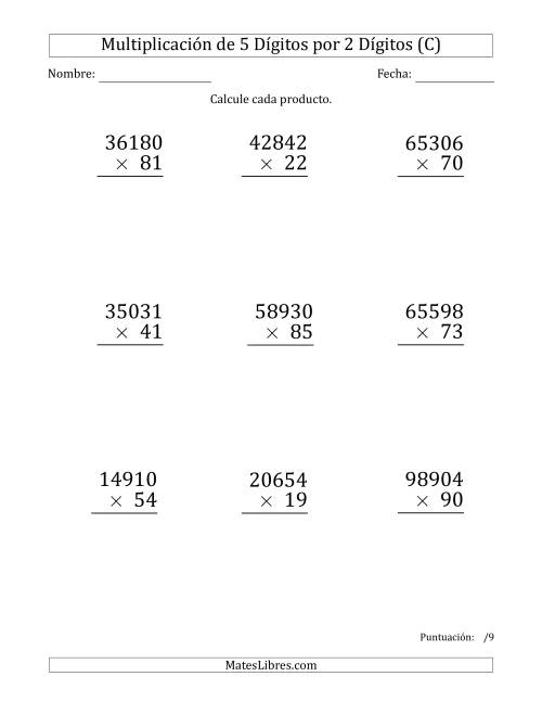 La hoja de ejercicios de Multiplicar Números de 5 Dígitos por 2 Dígitos (Formato Grande) (C)