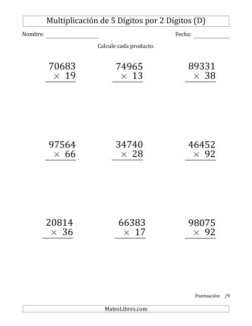 La hoja de ejercicios de Multiplicar Números de 5 Dígitos por 2 Dígitos (Formato Grande) (D)
