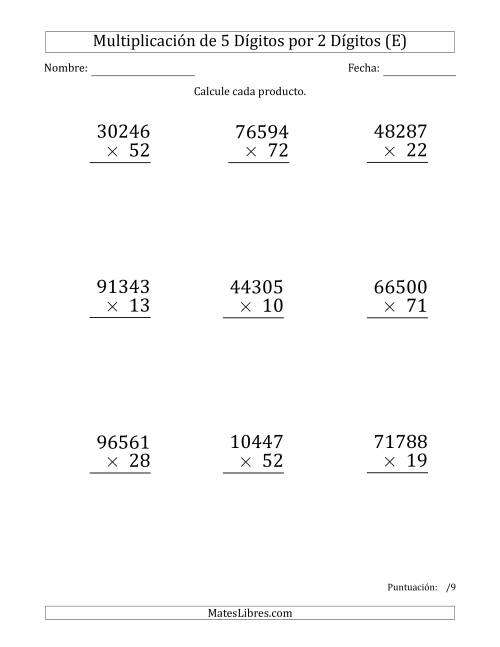 La hoja de ejercicios de Multiplicar Números de 5 Dígitos por 2 Dígitos (Formato Grande) (E)