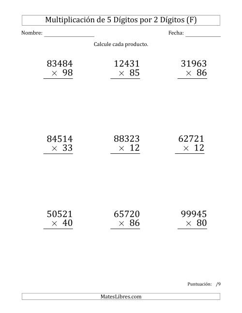La hoja de ejercicios de Multiplicar Números de 5 Dígitos por 2 Dígitos (Formato Grande) (F)