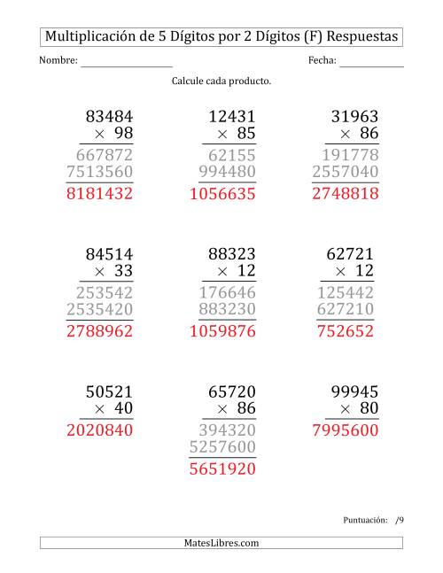 La hoja de ejercicios de Multiplicar Números de 5 Dígitos por 2 Dígitos (Formato Grande) (F) Página 2
