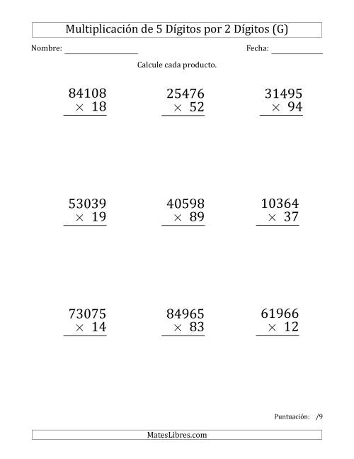 La hoja de ejercicios de Multiplicar Números de 5 Dígitos por 2 Dígitos (Formato Grande) (G)