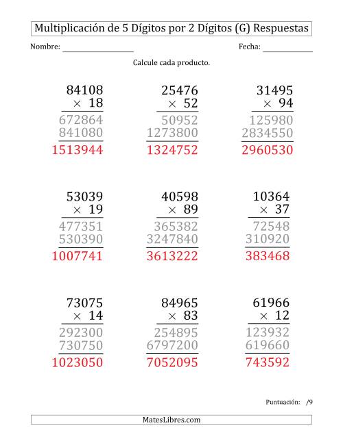 La hoja de ejercicios de Multiplicar Números de 5 Dígitos por 2 Dígitos (Formato Grande) (G) Página 2