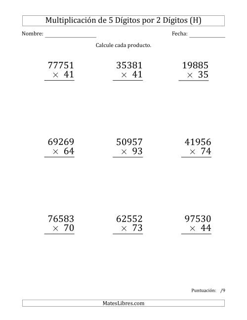 La hoja de ejercicios de Multiplicar Números de 5 Dígitos por 2 Dígitos (Formato Grande) (H)
