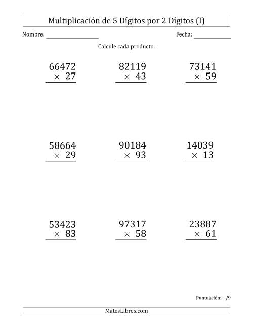 La hoja de ejercicios de Multiplicar Números de 5 Dígitos por 2 Dígitos (Formato Grande) (I)