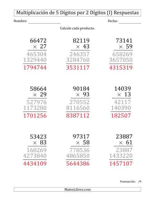 La hoja de ejercicios de Multiplicar Números de 5 Dígitos por 2 Dígitos (Formato Grande) (I) Página 2