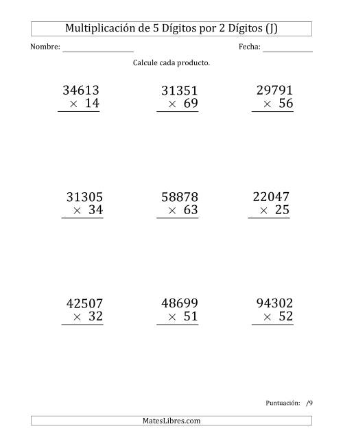 La hoja de ejercicios de Multiplicar Números de 5 Dígitos por 2 Dígitos (Formato Grande) (J)