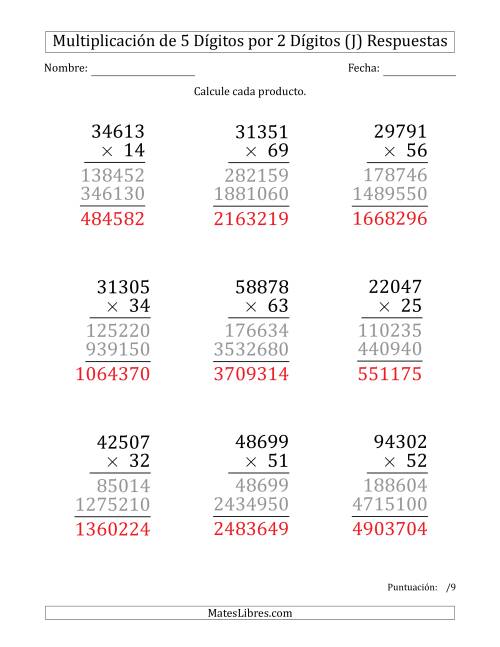 La hoja de ejercicios de Multiplicar Números de 5 Dígitos por 2 Dígitos (Formato Grande) (J) Página 2