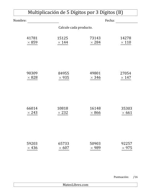 La hoja de ejercicios de Multiplicar Números de 5 Dígitos por 3 Dígitos (B)