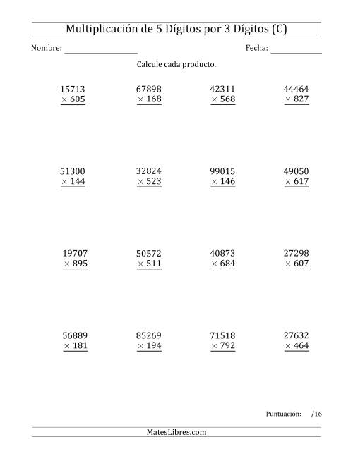 La hoja de ejercicios de Multiplicar Números de 5 Dígitos por 3 Dígitos (C)