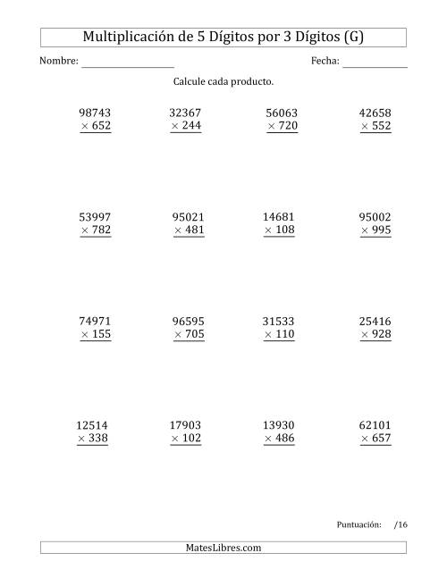 La hoja de ejercicios de Multiplicar Números de 5 Dígitos por 3 Dígitos (G)