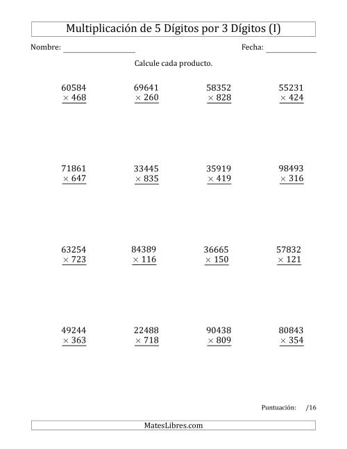 La hoja de ejercicios de Multiplicar Números de 5 Dígitos por 3 Dígitos (I)