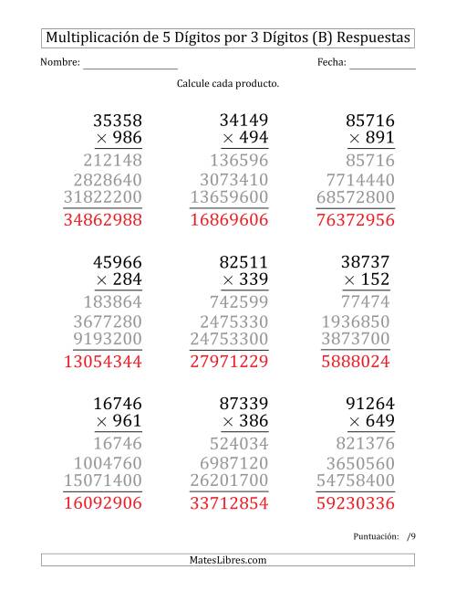 La hoja de ejercicios de Multiplicar Números de 5 Dígitos por 3 Dígitos (Formato Grande) (B) Página 2