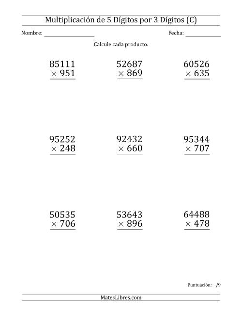 La hoja de ejercicios de Multiplicar Números de 5 Dígitos por 3 Dígitos (Formato Grande) (C)