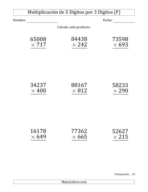 La hoja de ejercicios de Multiplicar Números de 5 Dígitos por 3 Dígitos (Formato Grande) (F)