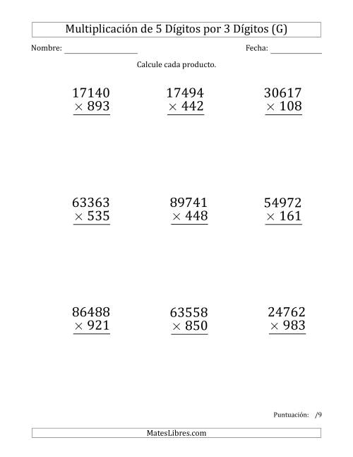 La hoja de ejercicios de Multiplicar Números de 5 Dígitos por 3 Dígitos (Formato Grande) (G)