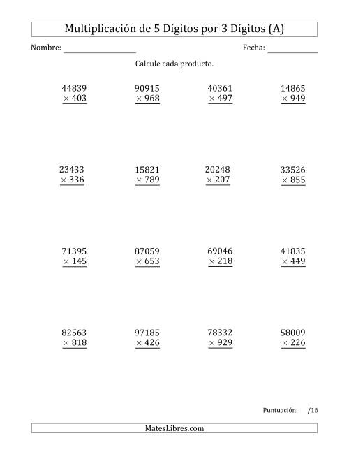 La hoja de ejercicios de Multiplicar Números de 5 Dígitos por 3 Dígitos (Todas)