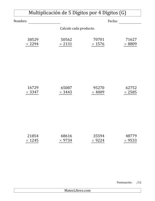 La hoja de ejercicios de Multiplicar Números de 5 Dígitos por 4 Dígitos (G)