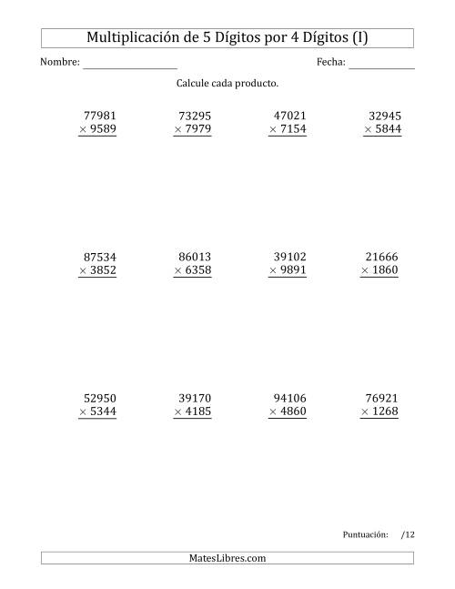 La hoja de ejercicios de Multiplicar Números de 5 Dígitos por 4 Dígitos (I)