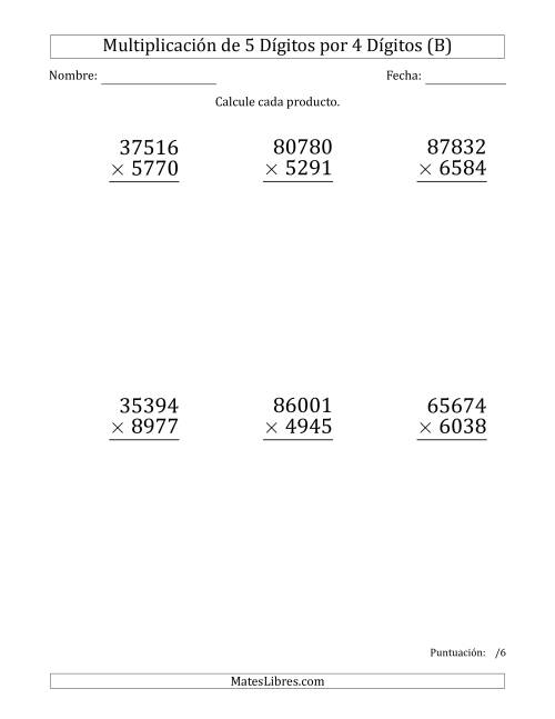 La hoja de ejercicios de Multiplicar Números de 5 Dígitos por 4 Dígitos (Formato Grande) (B)