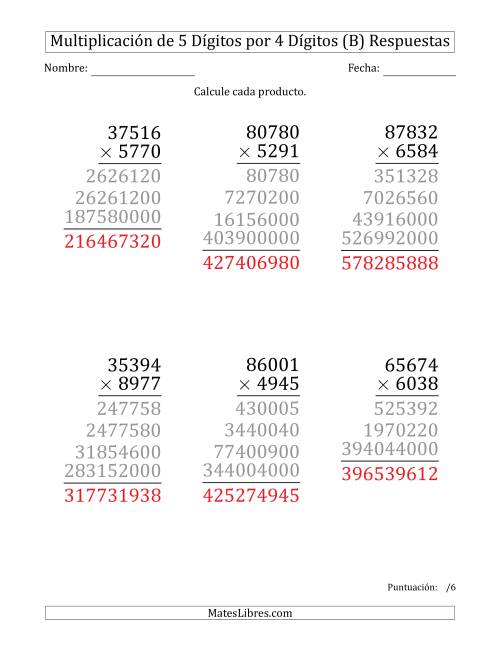La hoja de ejercicios de Multiplicar Números de 5 Dígitos por 4 Dígitos (Formato Grande) (B) Página 2