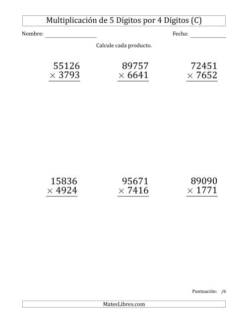 La hoja de ejercicios de Multiplicar Números de 5 Dígitos por 4 Dígitos (Formato Grande) (C)