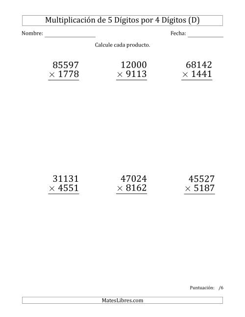 La hoja de ejercicios de Multiplicar Números de 5 Dígitos por 4 Dígitos (Formato Grande) (D)