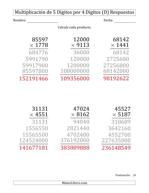 La hoja de ejercicios de Multiplicar Números de 5 Dígitos por 4 Dígitos (Formato Grande) (D) Página 2