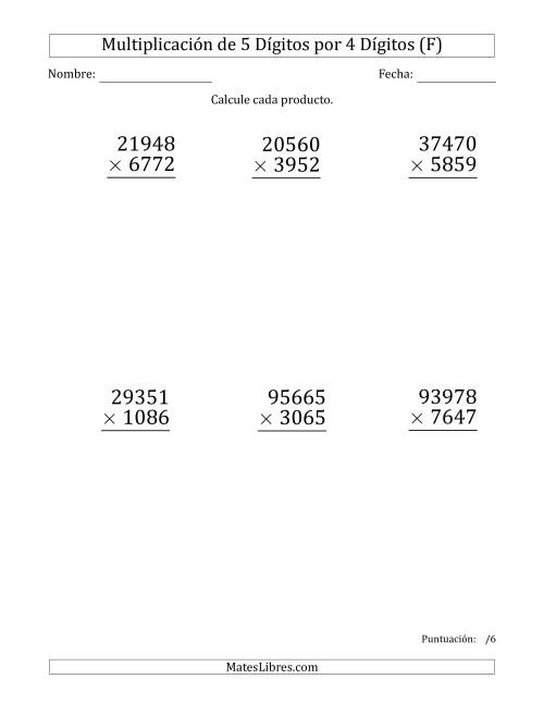 La hoja de ejercicios de Multiplicar Números de 5 Dígitos por 4 Dígitos (Formato Grande) (F)