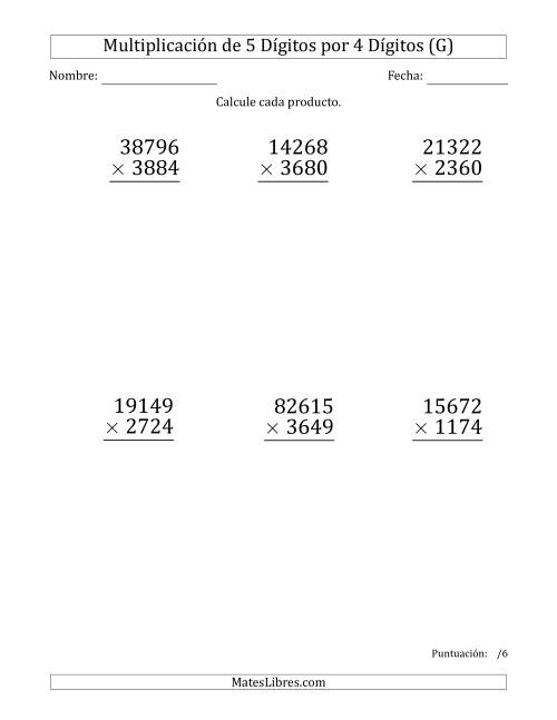 La hoja de ejercicios de Multiplicar Números de 5 Dígitos por 4 Dígitos (Formato Grande) (G)