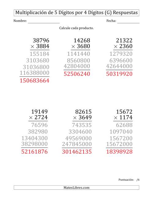 La hoja de ejercicios de Multiplicar Números de 5 Dígitos por 4 Dígitos (Formato Grande) (G) Página 2
